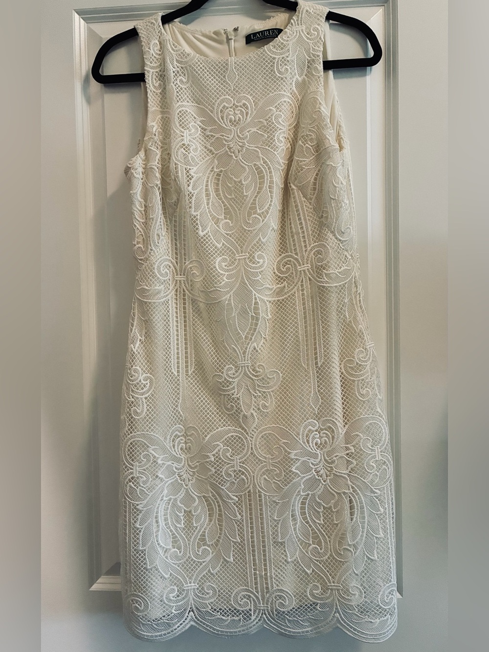 Ralph Lauren Ivory Lace Overlay Sleeveless Shift Dress